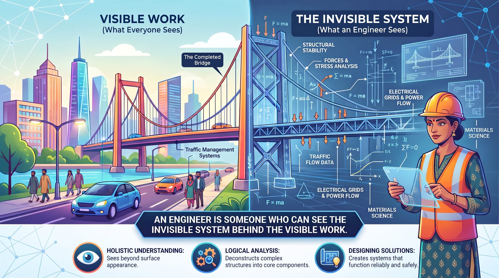 A split illustration: a bridge as everyone sees it on the left, and the same bridge overlaid with structural stability, force diagrams, materials science, and traffic flow data on the right - captioned an engineer is someone who can see the invisible system behind the visible work